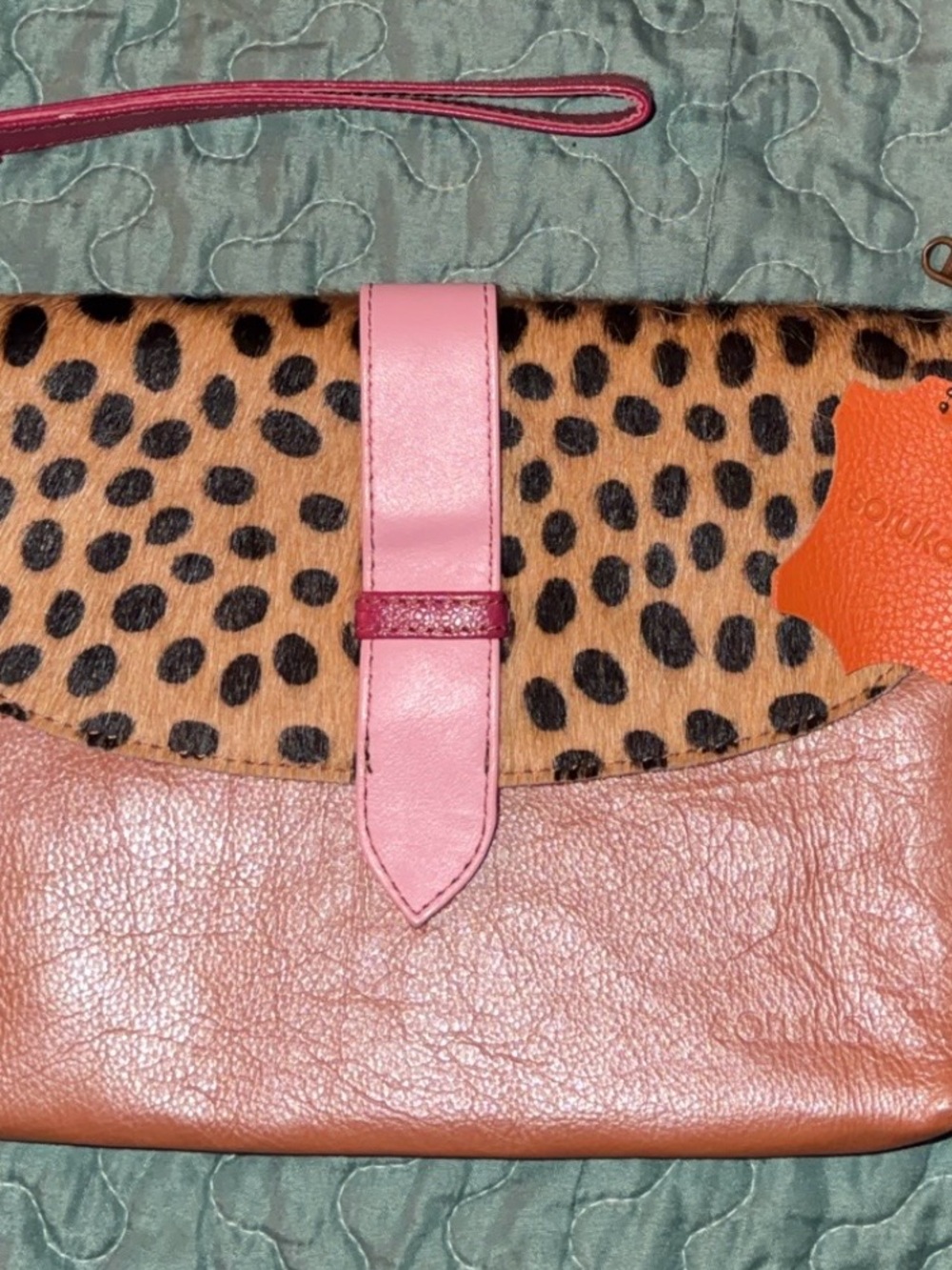 Soruka Pink and Leopard Print Women's Leather wristlet Clutch